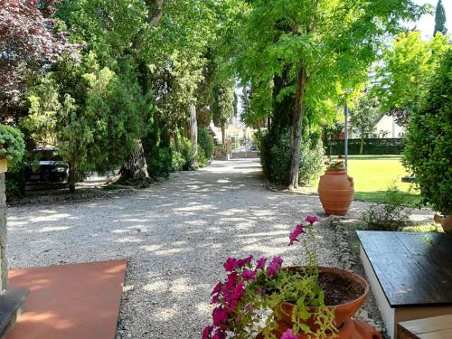 a garden with flowers and a table and trees at Casale la Crocetta in Rosignano Solvay
