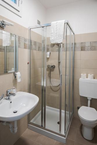 a bathroom with a shower and a sink and a toilet at Hotel Vischi in Domaso