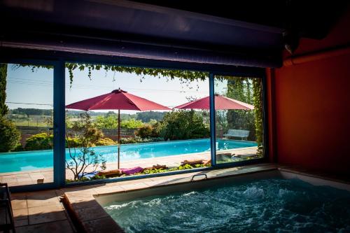 une piscine avec un parasol dans une pièce avec une fenêtre dans l'établissement Chambres d'Hôtes et Gîtes Le Mas Bleu & Spa Resort, à Rosières