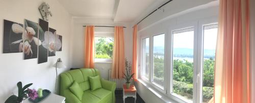 a living room with a green chair and a large window at Orchidea Vendégház - Zebegény in Zebegény