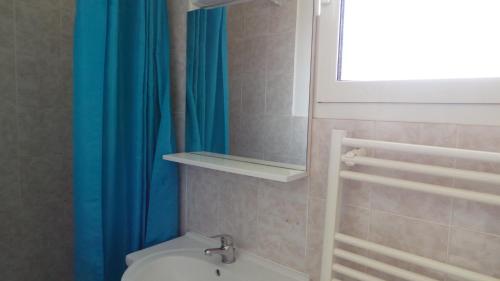 uma casa de banho com um WC e uma cortina de chuveiro azul em Cavone 2 em Castellare-di-Casinca