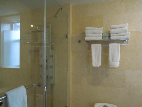 La salle de bains est pourvue d'une douche et de serviettes. dans l'établissement The Eldon Luxury Suites, à Washington