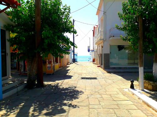 a street with a tree and the ocean in the background at Marialena Pension in Iraion
