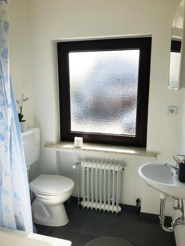 ブレーメンにあるLiving @ Klassvilla Weserwehr No. 2のバスルーム(トイレ、洗面台付)、窓が備わります。