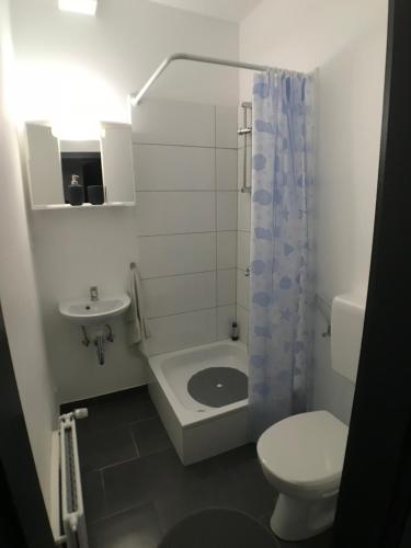ein kleines Badezimmer mit Toilette und Waschbecken in der Unterkunft Living @ Klassvilla Weserwehr No. 4 in Bremen