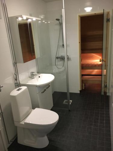 a bathroom with a toilet and a sink and a shower at Bästlandia Apartments with Sauna in Vaasa