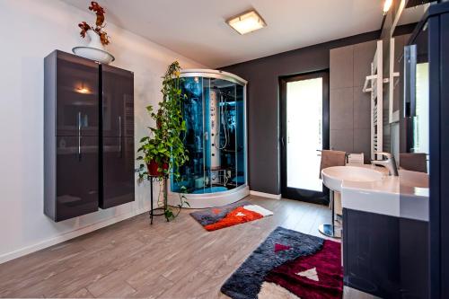 a bathroom with a shower and a sink and a mirror at Cerin Apartment in Rovinj
