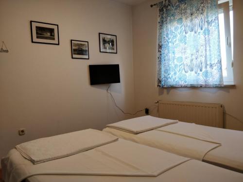 two beds in a room with a window and a tv at Savski Gaj in Zagreb