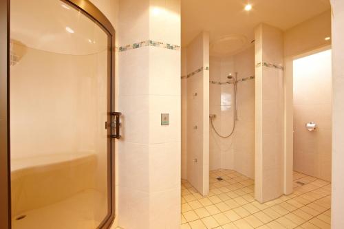 a bathroom with a shower and a toilet and a sink at Alpenhotel Rieger in Mittenwald