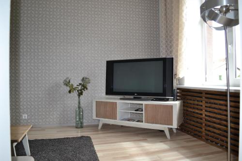 una sala de estar con TV de pantalla plana en un armario en Vee 4 City Center Apartment en Pärnu