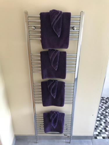 MoiraにあるCopperbeech Farm Self Cateringの紫色のタオルが付いたタオル掛け