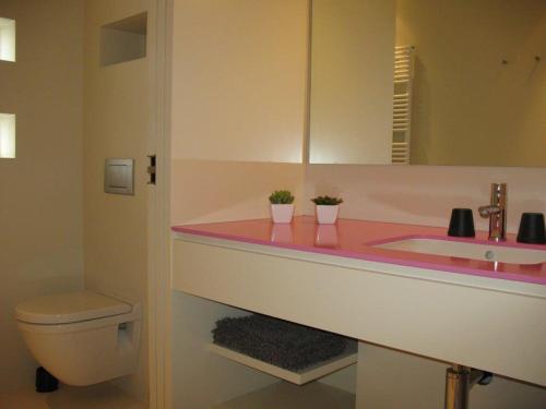 a bathroom with a pink sink and a toilet at Duinpaviljoen in Koksijde