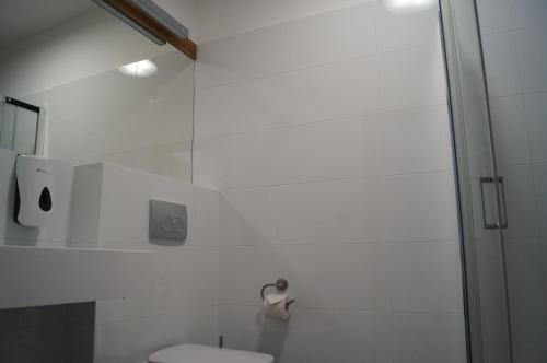 a white bathroom with a toilet and a shower at Ośrodek Turystyczny Warzenko in Warzenko