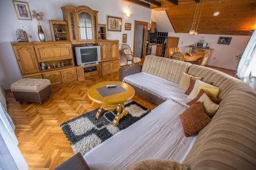 un soggiorno con divano e tavolo di Apartman Ružica a Ogulin
