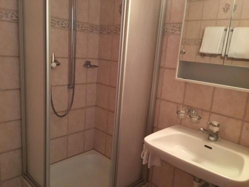 a bathroom with a shower and a sink at Haus Alpenschloss in Zermatt