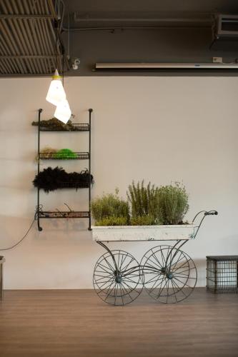 a cart with plants in it on a wall at Light Hostel - Tainan in Tainan