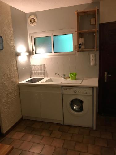 une cuisine avec un évier et une machine à laver dans l'établissement Residence Courbet Meylouga, à Cauterets