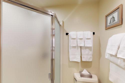 a bathroom with a shower and a toilet and towels at Crow Creek in Girdwood