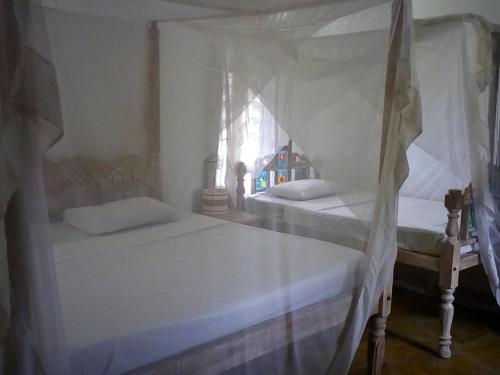 two white beds in a room with a window at Marine Holiday House in Malindi