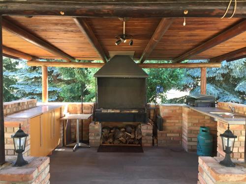 an outdoor patio with a fireplace and a wooden roof at Hotel Dvůr in Krnsko