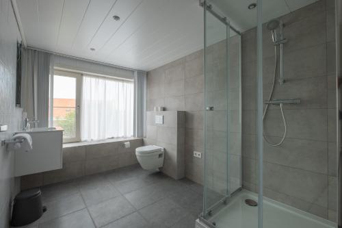 een badkamer met een toilet en een glazen douche bij B&B Binisa in Westkapelle