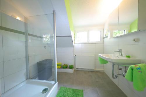 La salle de bains est pourvue d'une douche et d'un lavabo. dans l'établissement Ferienwohnung Biermann, à Aspach