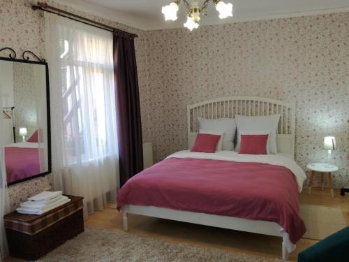 a bedroom with a bed with pink sheets and a mirror at Union Square Apartment 2 in Cluj-Napoca