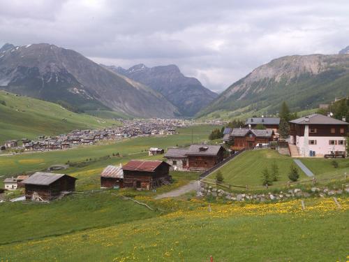 un village dans une vallée avec des montagnes en arrière-plan dans l'établissement Dietro l'angolo Sondrio, à Sondrio