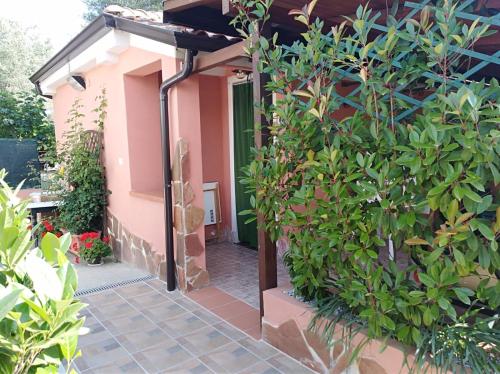 a garden entrance to a pink house with plants at Casa Vacanze Mimose in Palinuro