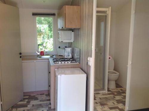 a small kitchen with a sink and a toilet at Château de la Grange Fort in Issoire