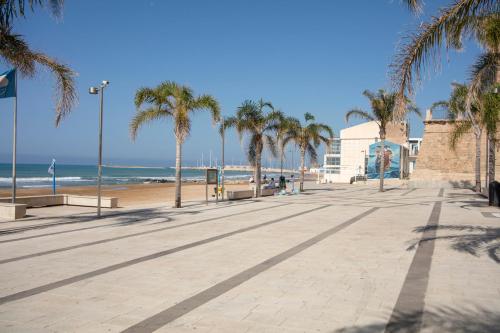 a sandy beach with palm trees and the ocean at B&B Bianco E Blu in Marina di Ragusa