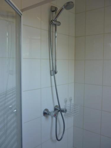 une douche avec pommeau de douche dans une salle de bain dans l'établissement Gîte La Borie Basse, à Léobard