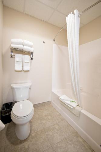 a white bathroom with a toilet and a shower at Cobblestone Inn & Suites -Clarinda in Clarinda