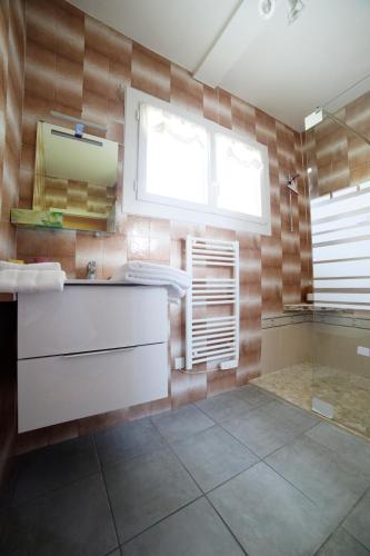 a bathroom with a sink and a shower at Villa Les Bruyères in Saint-Joseph-de-Rivière