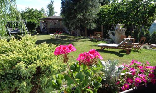 a garden with pink flowers and a bench and a gazebo at Pokoje, apartament NA WYSPIE in Gdańsk