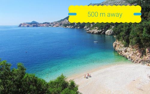 a view of a beach with a sign that says away at SoLeo in Dubrovnik