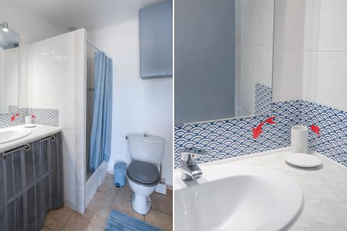 - deux photos d'une salle de bains avec toilettes et lavabo dans l'établissement Au Grand sud, à Hyères