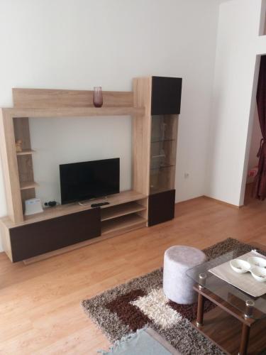 a living room with a flat screen tv on a wall at Apartman Ksenija in Banja Koviljača