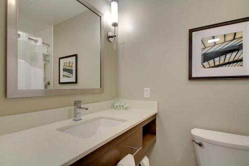 a bathroom with a toilet, sink and mirror at Holiday Inn & Suites Peoria at Grand Prairie, an IHG Hotel in Peoria