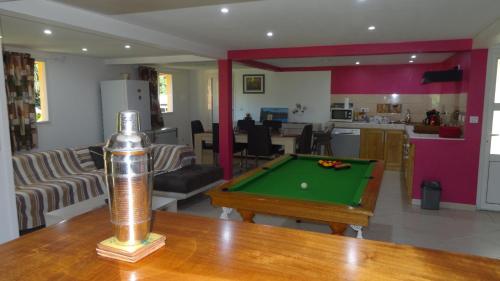 a living room with a pool table on a table at Boule de bleu in Le Tampon