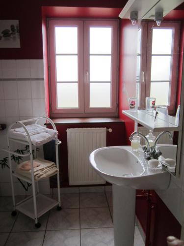 une salle de bain avec un lavabo et un miroir dans l'établissement Gite de Fontepaisse, à Saint-Jean-en-Royans