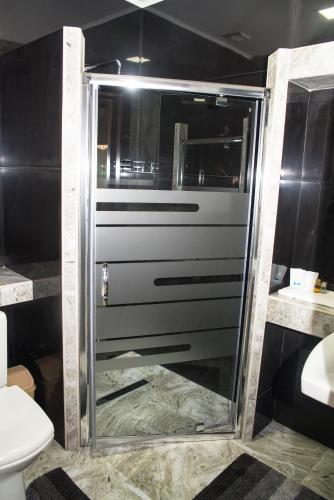 a glass shower in a bathroom with a toilet at Adele in Mizhhirʼʼya