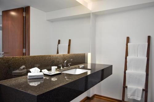 a bathroom with a sink and a mirror at San Isidro Plaza Hotel in San Isidro