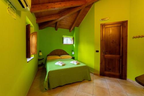 a green bedroom with a bed and a wooden door at Villa Nigro in Laureana Cilento
