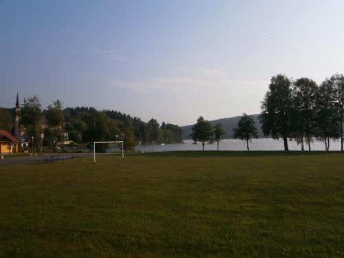 a soccer field next to a lake with a soccer ball at Penzion Luna in Přední Výtoň