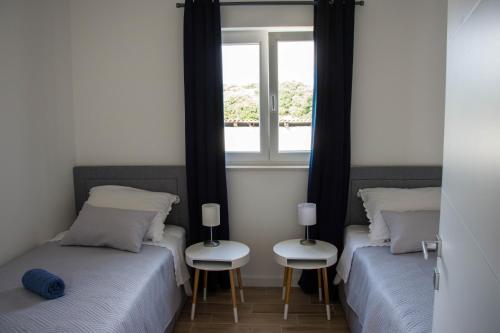 two twin beds in a room with a window at Apartments Melody in Mandre