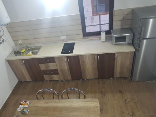 a kitchen with a counter with a sink and a refrigerator at Cabana Soral Baile Figa in Beclean