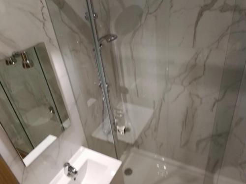 a bathroom with a shower and a sink and a mirror at Vasco da Gama in Póvoa de Varzim