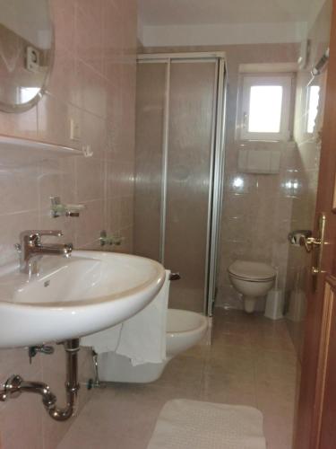 a bathroom with a sink and a toilet and a shower at Residence Alpenrose in Sesto