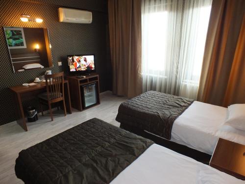 a hotel room with two beds and a television at Lifos Hotel in Kayseri